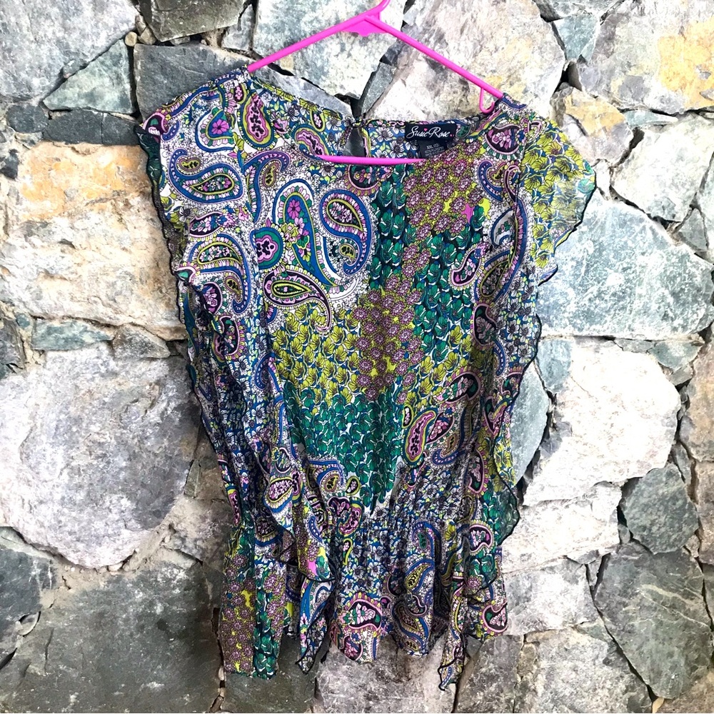 Vintage Susie Rose Paisley Blue Green Purple Ruffle Top Polyester Blouse sz XXL